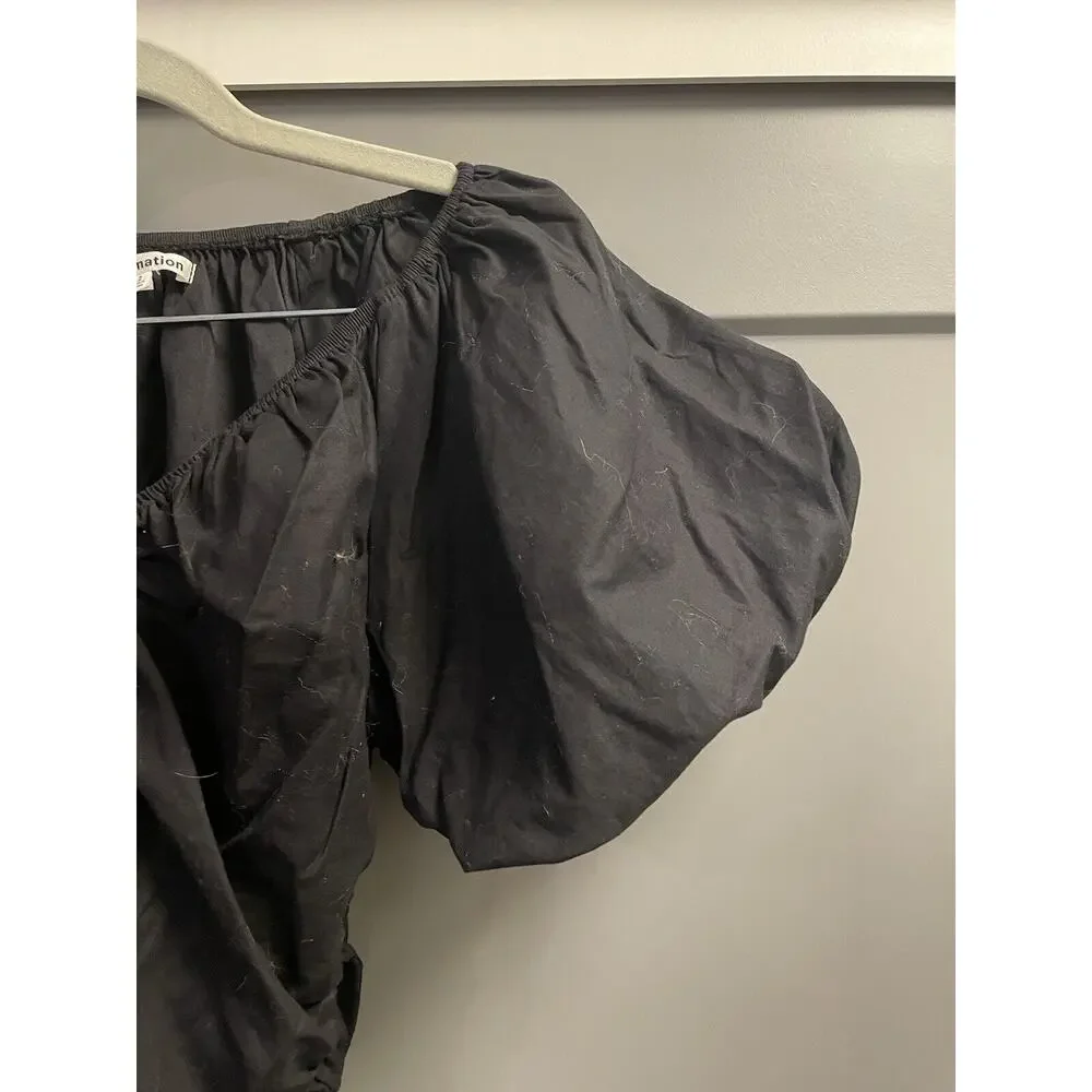 Reformation Sonny Organic Cotton Poplin Stretch Ruched Puff Short Sleeve Black 2